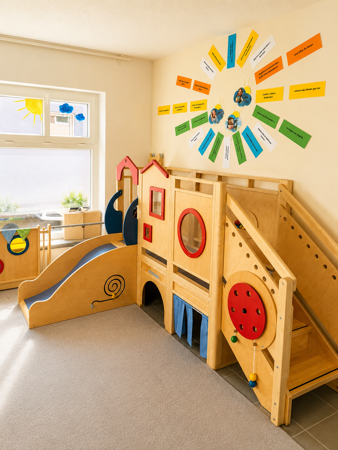 Spielbereich mit Kletter- und Rutschlandschaft in der Kindertagespflege Spielplatzhelden in Oggersheim.